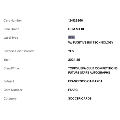 Francesco Camarda PSA 10 2024-25 Topps UEFA Club Competitions Future Stars Autograph Card #FSAFC