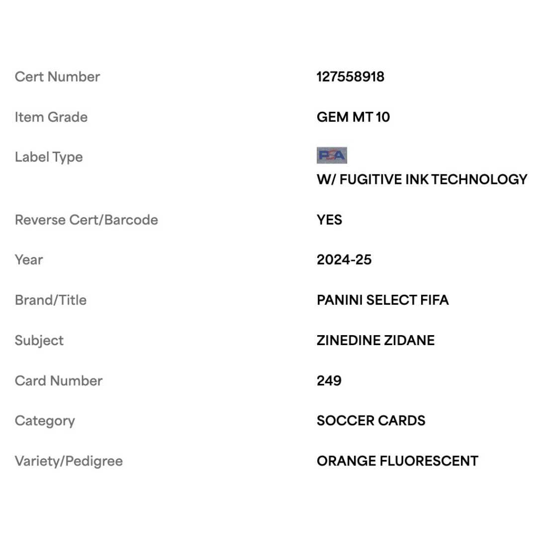 Zinedine Zidane PSA 10 2024-25 Panini Select FIFA Orange Fluorescent #d/ 249