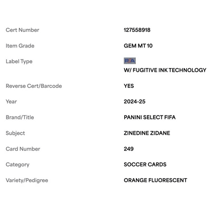 Zinedine Zidane PSA 10 2024-25 Panini Select FIFA Orange Fluorescent #d/ 249