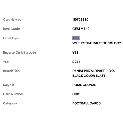 Rome Odunze PSA 10 2024 Panini Prizm Draft Picks Black Color Blast Case Hit Rookie RC Card #CB12