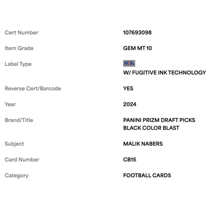 Malik Nabers PSA 10 2024 Panini Prizm Draft Picks Black Color Blast Case Hit Card #CB15