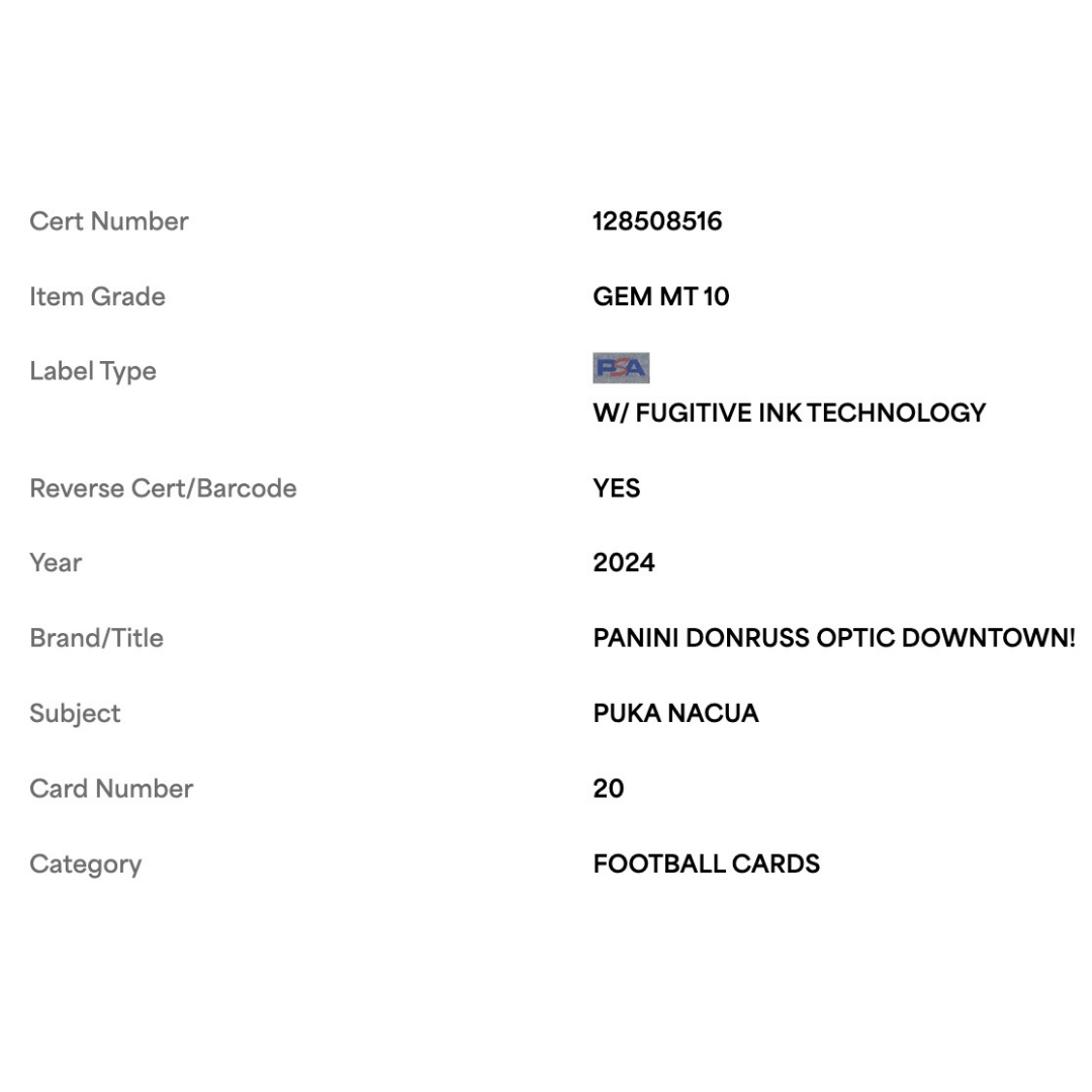Puka Nacua PSA 10 2024 Panini Donruss Optic Downtown! Card #20
