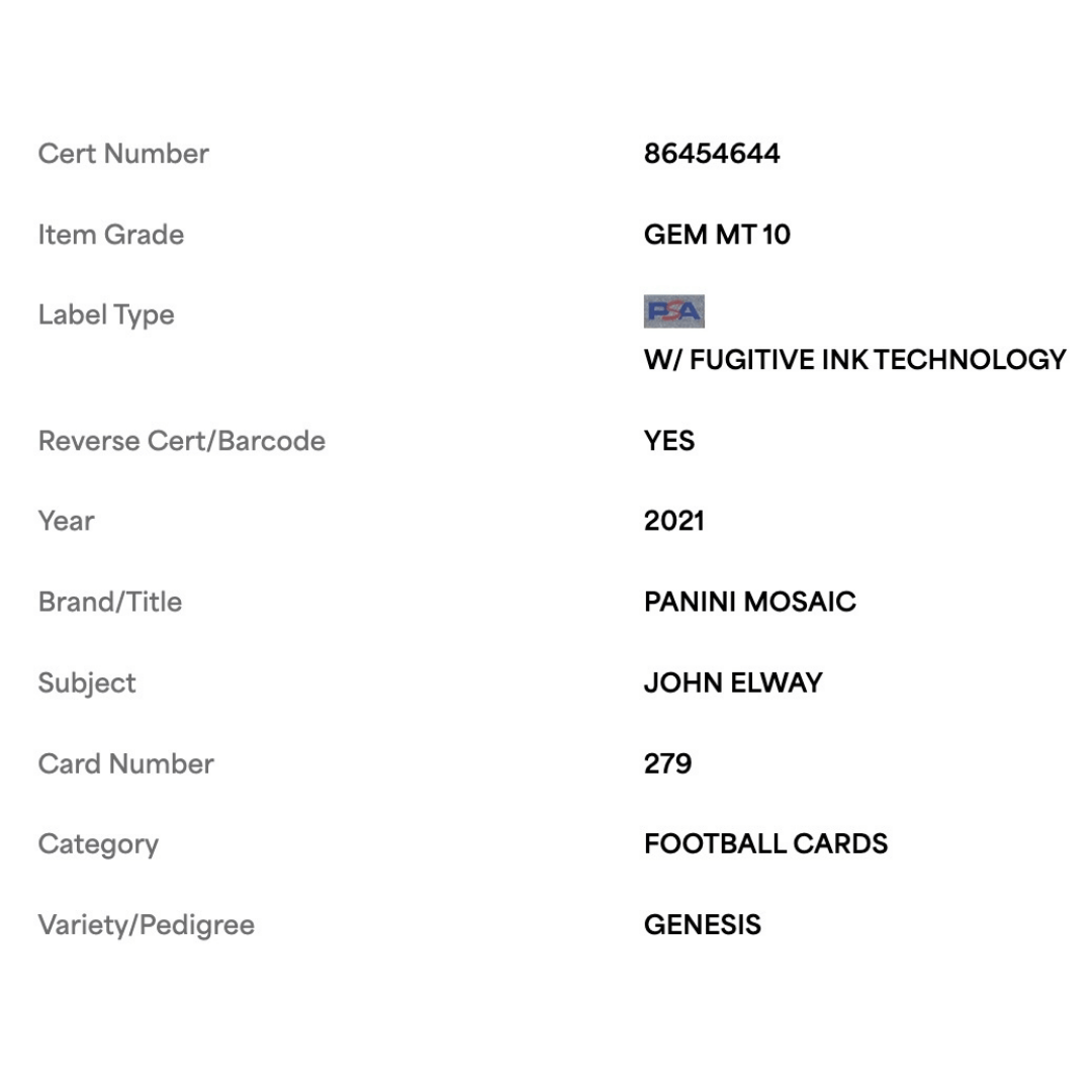 John Elway PSA 10 2021 Panini Mosaic Genesis Case Hit Card #279