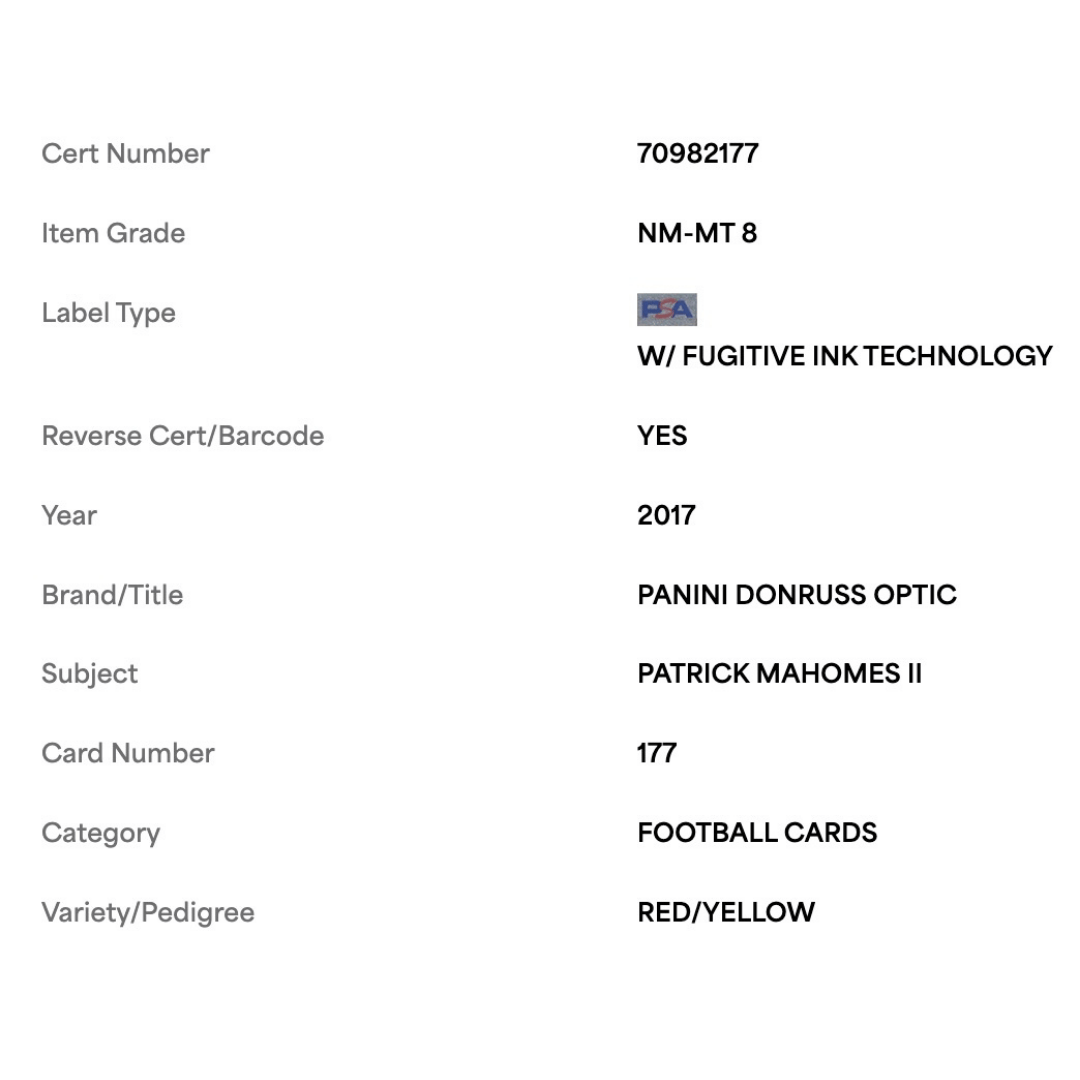 Patrick Mahomes PSA 8 2017 Panini Donruss Optic Red/ Yellow Rated Rookie Card #177