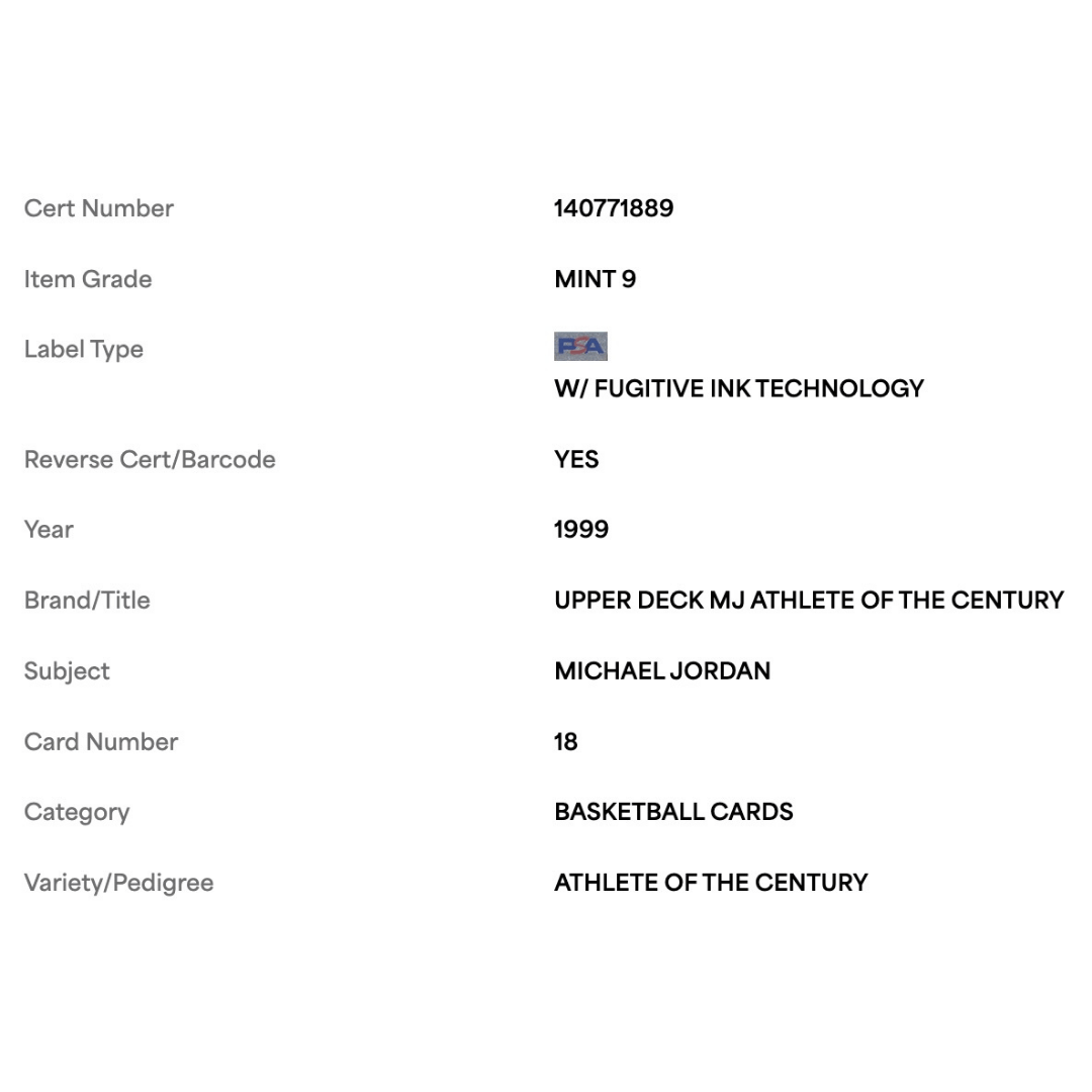 Michael Jordan PSA 9 1999 Upper Deck Athlete of the Century Card #18