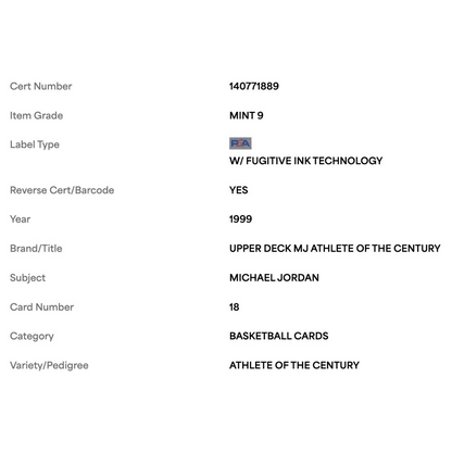 Michael Jordan PSA 9 1999 Upper Deck Athlete of the Century Card #18