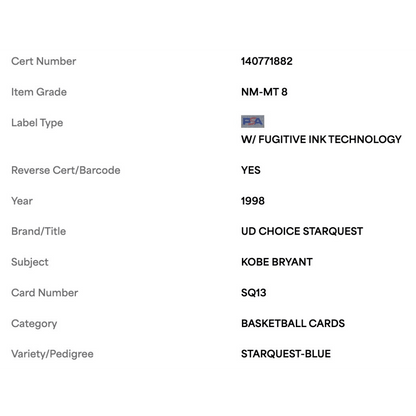 Kobe Bryant PSA 8 1998 Upper Deck Choice Starquest Blue Card #SQ13
