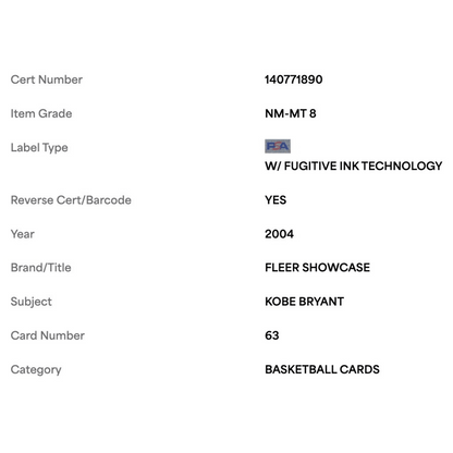 Kobe Bryant PSA 8 2004 Fleer Showcase Card #63
