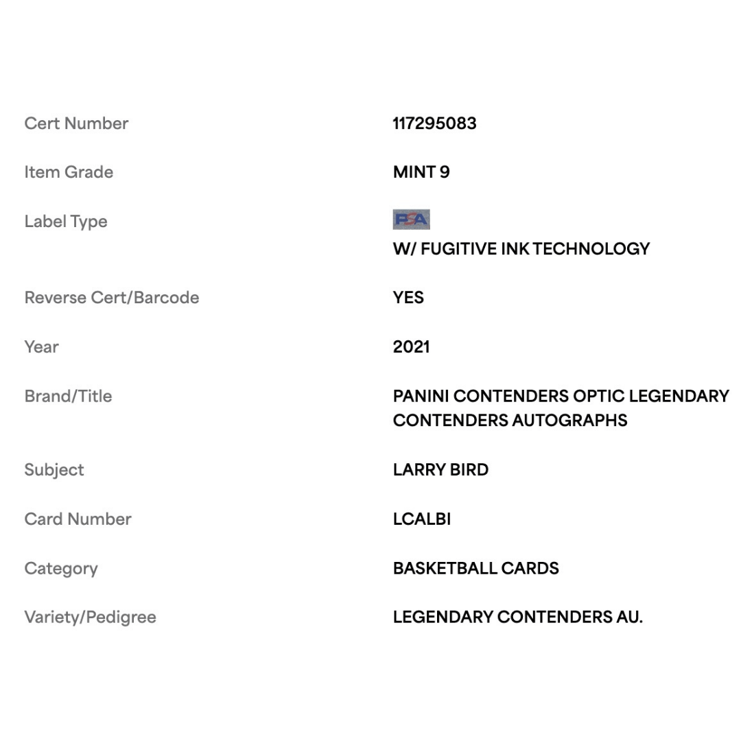 Larry Bird PSA 9 2021 Panini Contenders Optic Legendary Contenders Autograph #d/ 99 Card #LCALBI