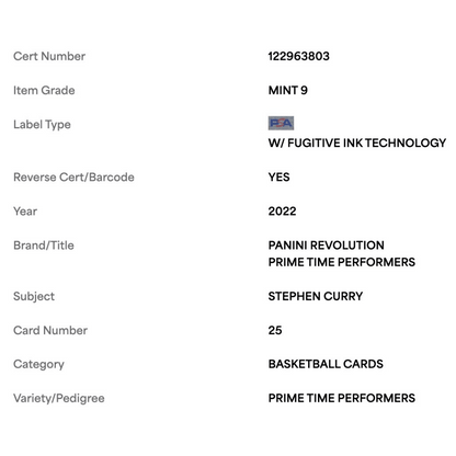 Steph Curry PSA 9 2022 Panini Revolution Prime Time Performers Card #25