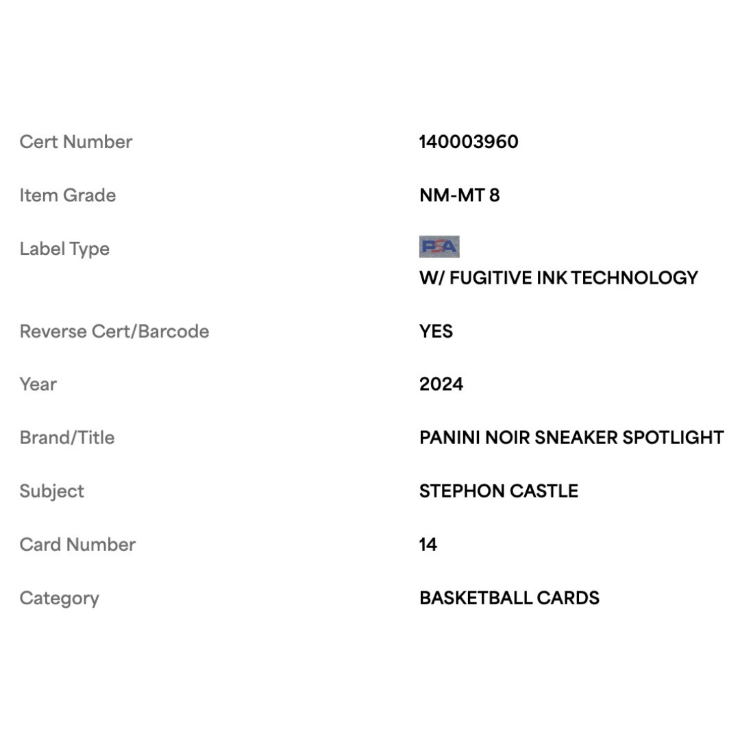 Stephon Castle PSA 8 2024 Panini Noir Sneaker Spotlight #d/ 99 Card #14