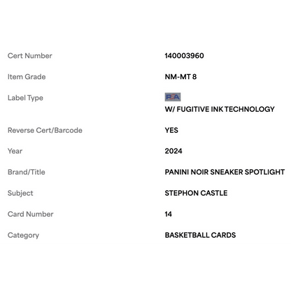 Stephon Castle PSA 8 2024 Panini Noir Sneaker Spotlight #d/ 99 Card #14