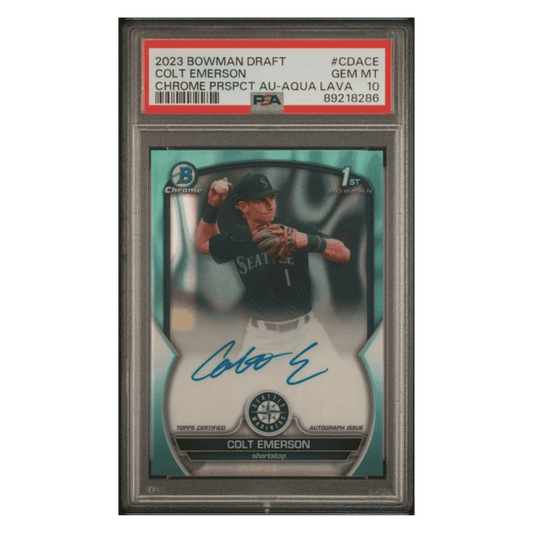 Colt Emerson PSA 10 2023 Topps Bowman Draft Chrome Prospects Autograph Aqua Lava #d/ 199 Card #CDACE
