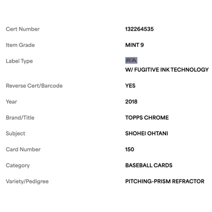 Shohei Ohtani PSA 9 2018 Topps Chrome Pitching Prism Refractor Rookie RC Card #150