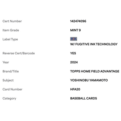 Yoshinobu Yamamoto PSA 9 2024 Topps Homefield Advantage Rookie RC Card #HFA20
