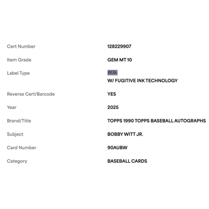 Bobby Witt Jr PSA 10 2025 Topps 1990 Topps Autograph Card #90AUBW
