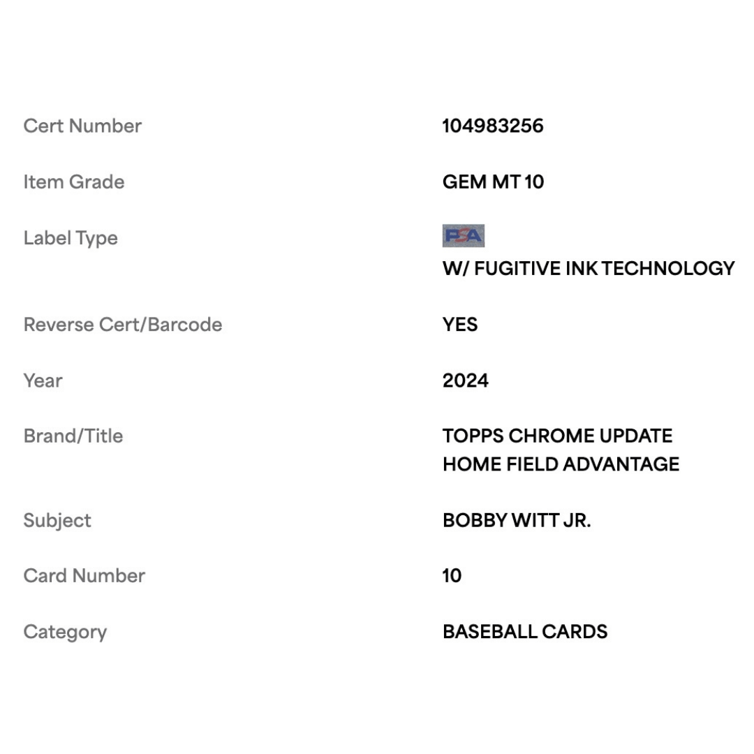 Bobby Witt Jr PSA 10 2024 Topps Chrome Update Home Field Advantage Case Hit Card #10