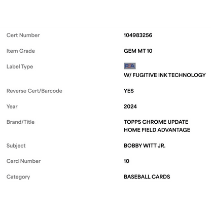 Bobby Witt Jr PSA 10 2024 Topps Chrome Update Home Field Advantage Case Hit Card #10