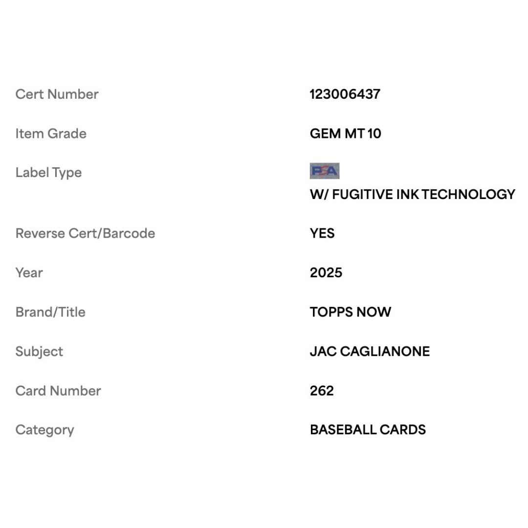 Jac Caglianone PSA 10 2025 Topps Now Card #262