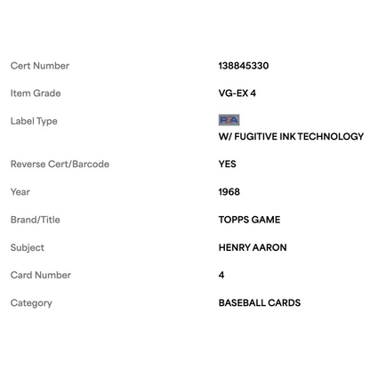 Henry Aaron PSA 4 1968 Topps Card #4