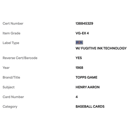 Henry Aaron PSA 4 1968 Topps Card #4