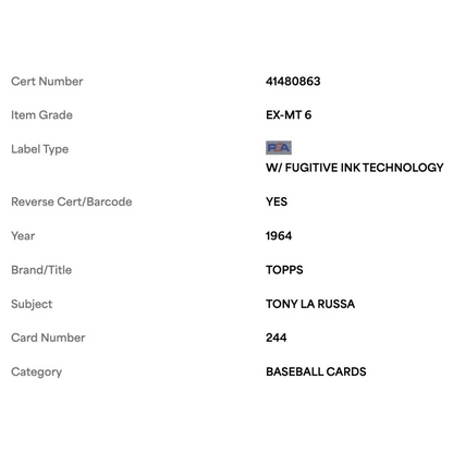 Tony LaRussa PSA 6 1964 Topps Card #244