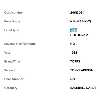 Tony LaRussa PSA 8 1968 Topps Card #571