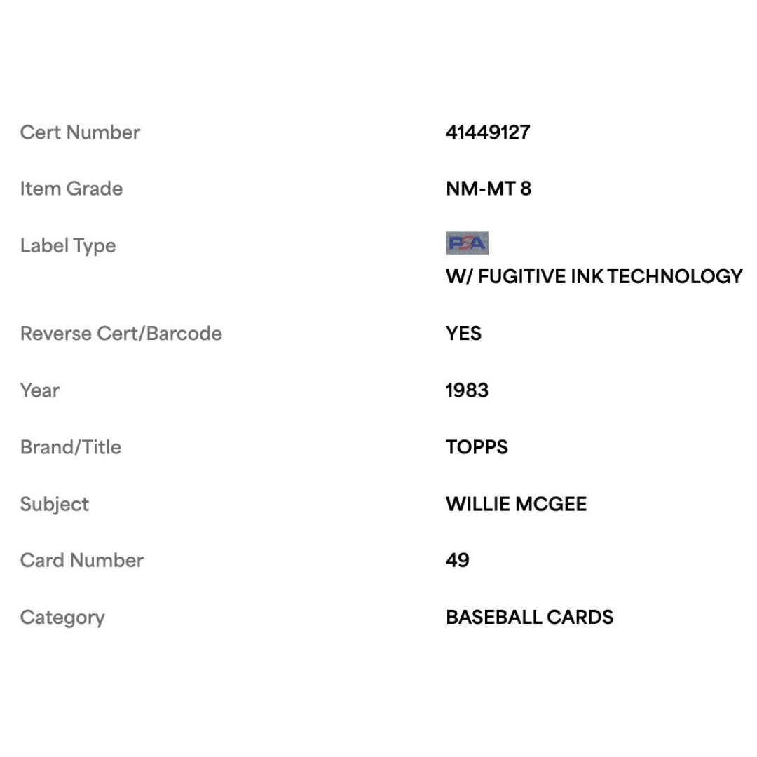Willie McGee PSA 8 1983 Topps Card #49