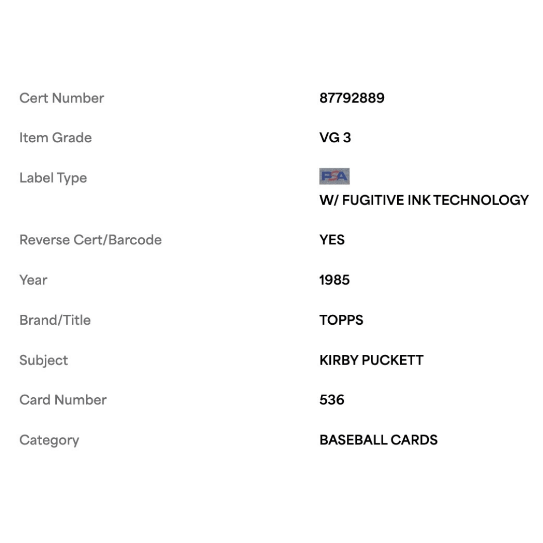 Kirby Puckett PSA 3 1985 Topps Card #536
