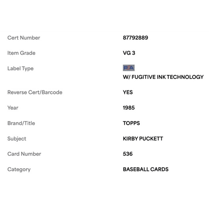 Kirby Puckett PSA 3 1985 Topps Card #536