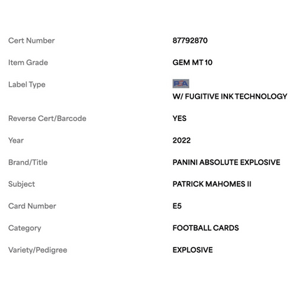 Patrick Mahomes PSA 10 2022 Panini Absolute Explosive Case Hit Card #E5