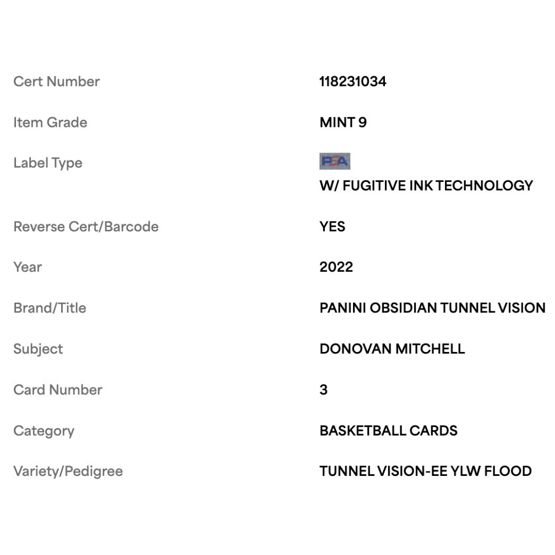 Donovan Mitchell PSA 9 2022 Panini Obsidian Tunnel Vision EE Yellow Flood #1/ 10 Card #3