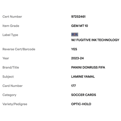 Lamine Yamal PSA 10 2023-24 Panini Donruss FIFA Optic Holo Rated Rookie Card #177