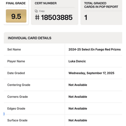 Luka Doncic BGS 9.5 2024-25 Panini Select En Fuego Red Prizms #d/ 99 Card #9