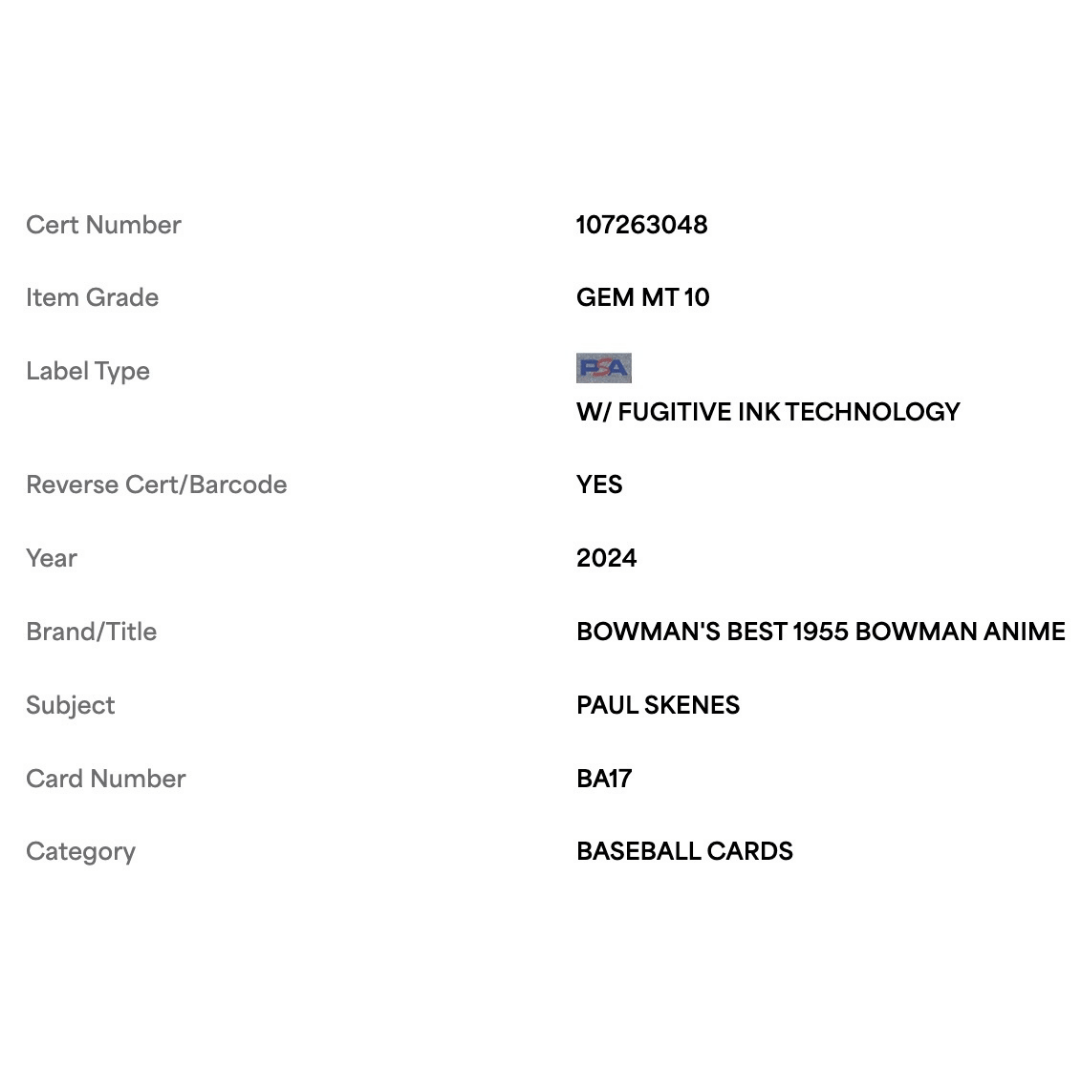 Paul Skenes PSA 10 2024 Topps Bowman's Best 1955 Bowman Anime Rookie RC Card #BA17