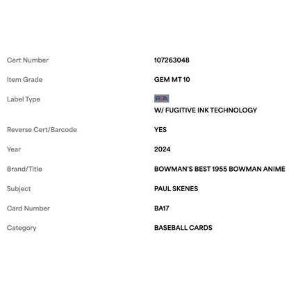 Paul Skenes PSA 10 2024 Topps Bowman's Best 1955 Bowman Anime Rookie RC Card #BA17