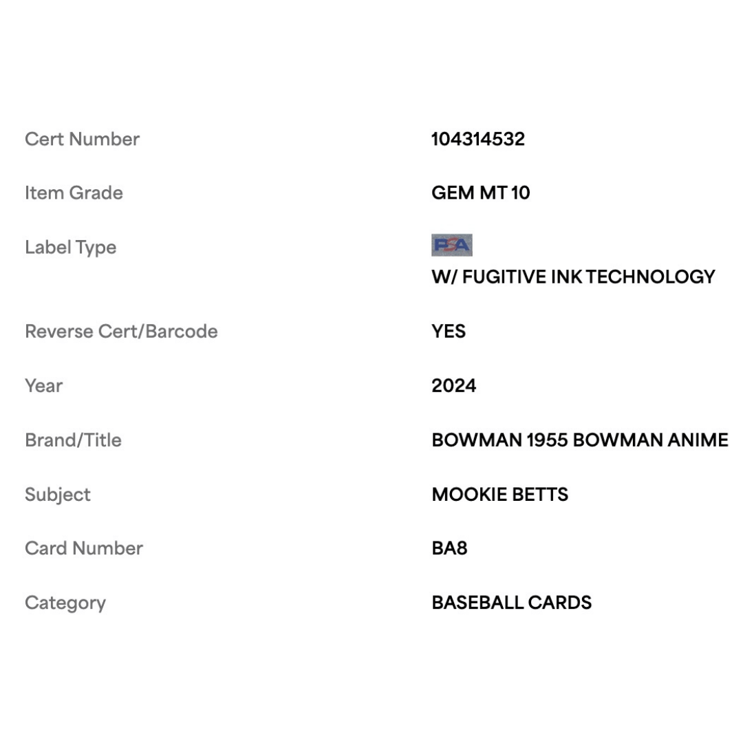 Mookie Betts PSA 10 2024 Topps Bowman 1955 Bowman Anime Card #BA8