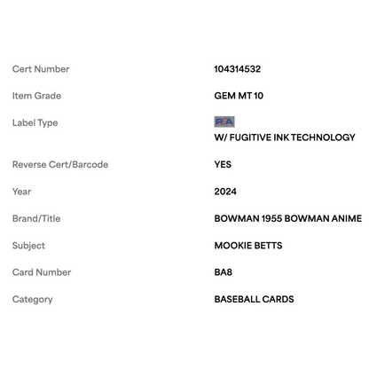 Mookie Betts PSA 10 2024 Topps Bowman 1955 Bowman Anime Card #BA8