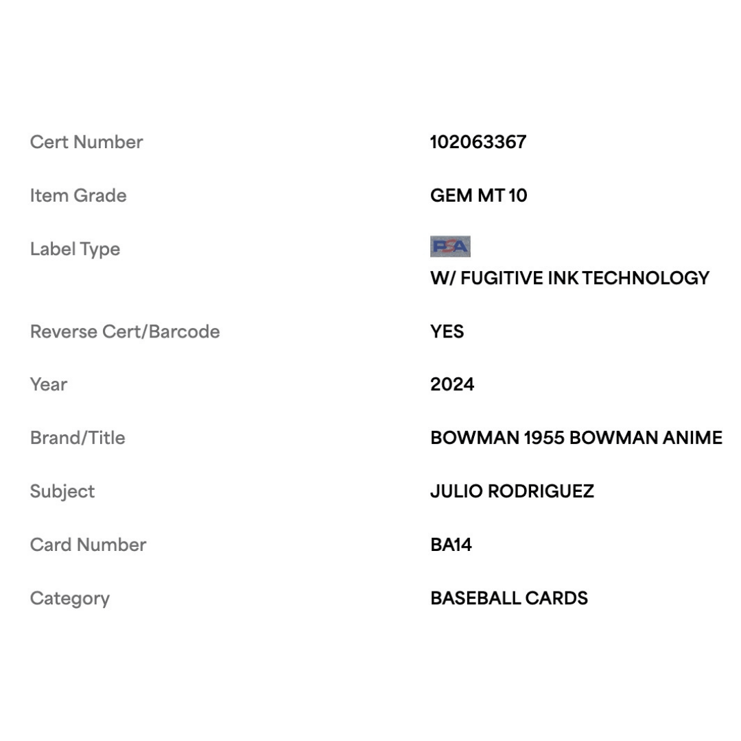 Julio Rodriguez PSA 10 2024 Topps Bowman 1955 Bowman Anime Card #BA14
