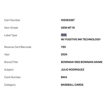 Julio Rodriguez PSA 10 2024 Topps Bowman 1955 Bowman Anime Card #BA14