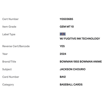 Jackson Chourio PSA 10 2024 Topps Bowman 1955 Bowman Anime Card #BA12