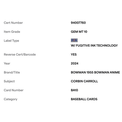 Corbin Carroll PSA 10 2024 Topps Bowman 1955 Bowman Anime Card #BA10