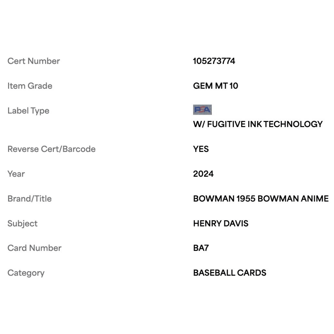 Henry Davis PSA 10 2024 Topps Bowman 1955 Bowman Anime Rookie RC Card #BA7