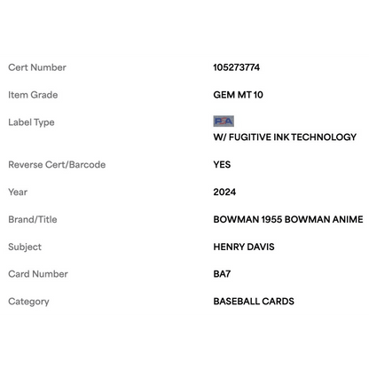 Henry Davis PSA 10 2024 Topps Bowman 1955 Bowman Anime Rookie RC Card #BA7