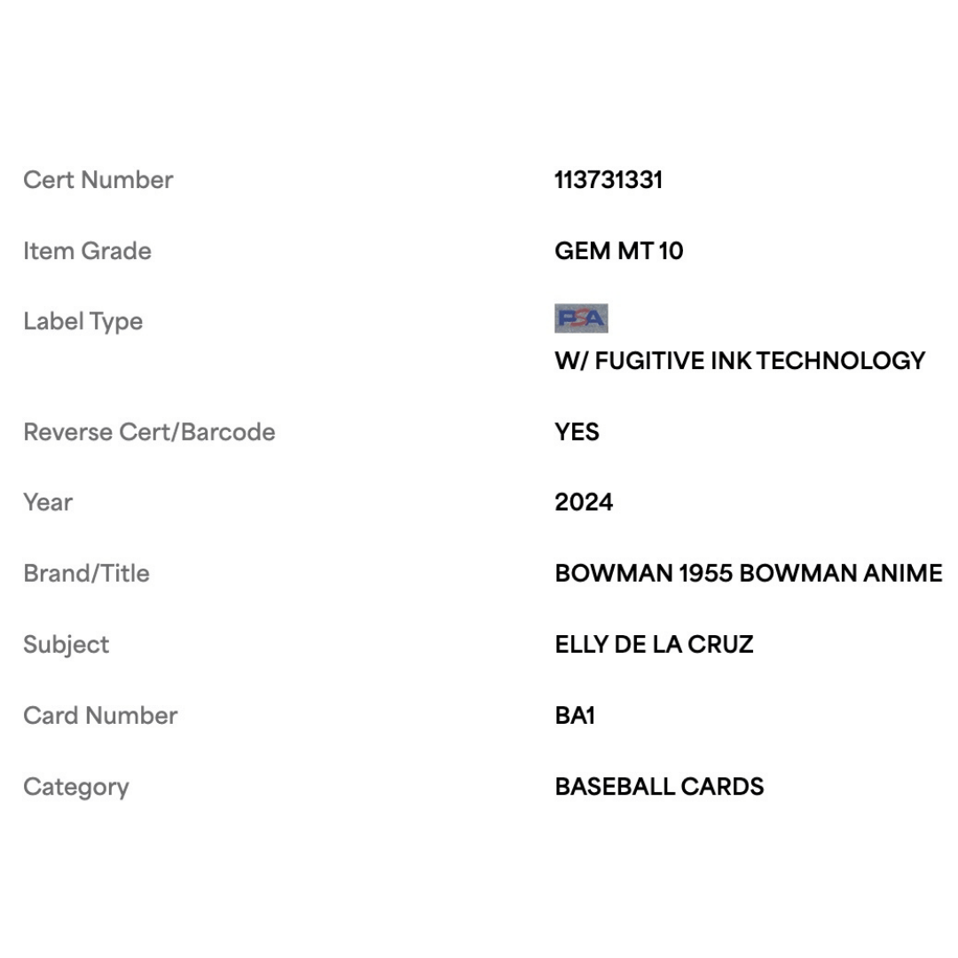 Elly De La Cruz PSA 10 2024 Topps Bowman 1955 Bowman Anime Rookie RC Card #BA1