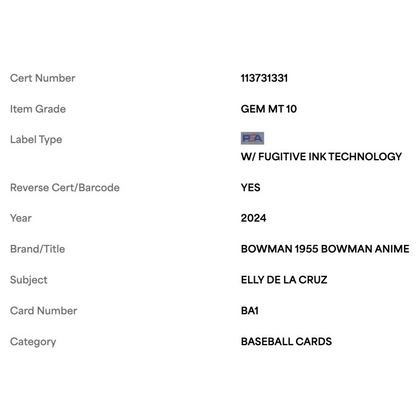 Elly De La Cruz PSA 10 2024 Topps Bowman 1955 Bowman Anime Rookie RC Card #BA1