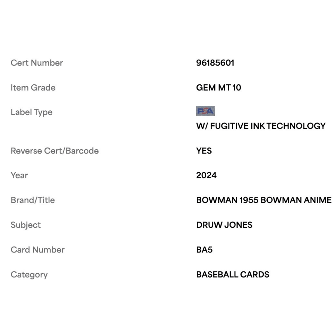 Drew Jones PSA 10 2024 Topps Bowman 1955 Bowman Anime Card #BA5