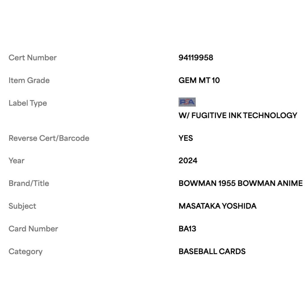 Masataka Yoshida PSA 10 2024 Topps Bowman 1955 Bowman Anime Card #BA13
