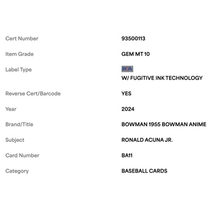 Ronald Acuna Jr PSA 10 2024 Topps Bowman 1955 Bowman Anime Card #BA11