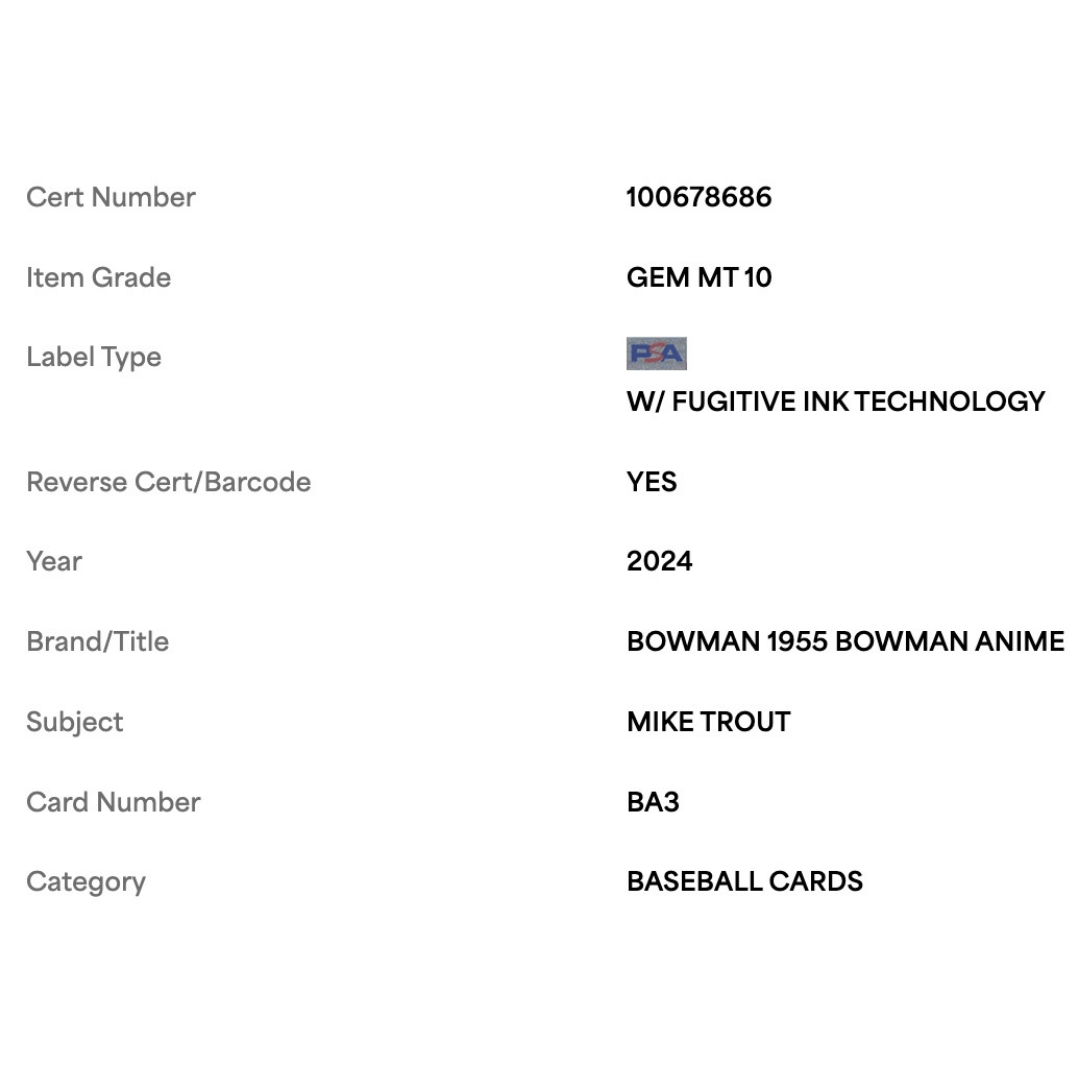 Mike Trout PSA 10 2024 Topps Bowman 1955 Bowman Anime Card #BA3